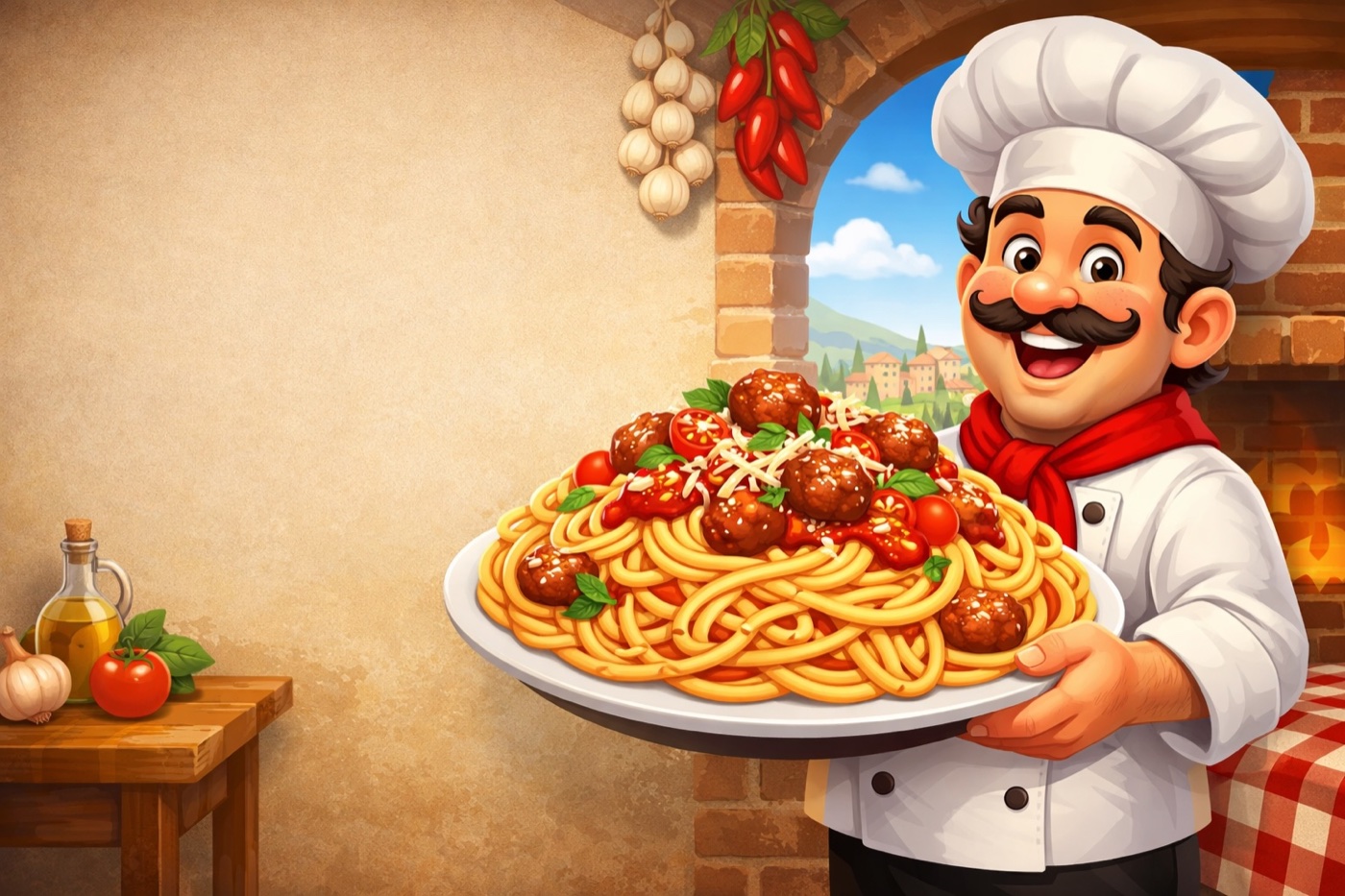 Molto Bene pack artwork: a chef serving pasta.